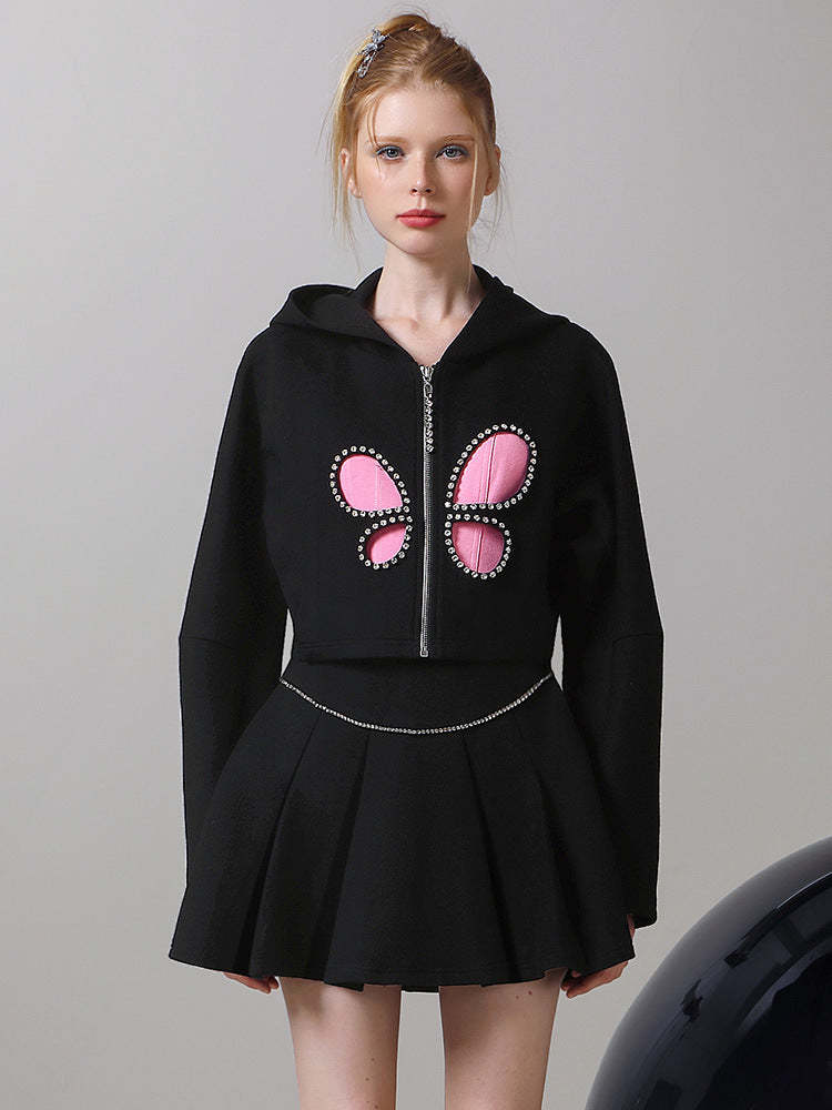 Sweet and cool black sweater suit skirt female personality butterfly hollow hoodie high waist pleated skirt two-piece suit-Mix MIx Style