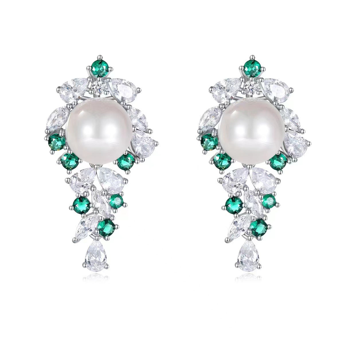 Original design niche S925 sterling silver pearl earrings for women inlaid with emerald zircon earrings light luxury retro earrings-Mix MIx Style