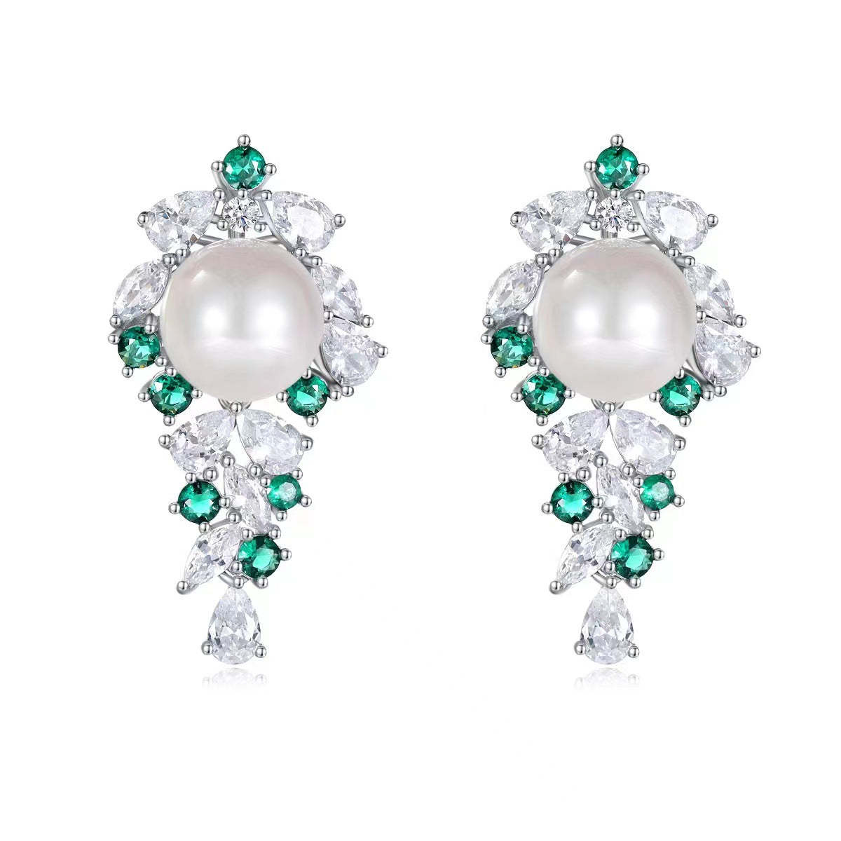 Original design niche S925 sterling silver pearl earrings for women inlaid with emerald zircon earrings light luxury retro earrings-Mix MIx Style