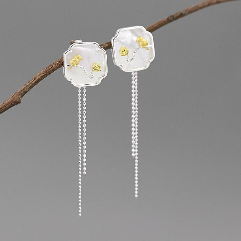 Wusikaoshi S925 sterling silver original design new Chinese style bird lotus cloud window white shell tassel earrings-Mix MIx Style