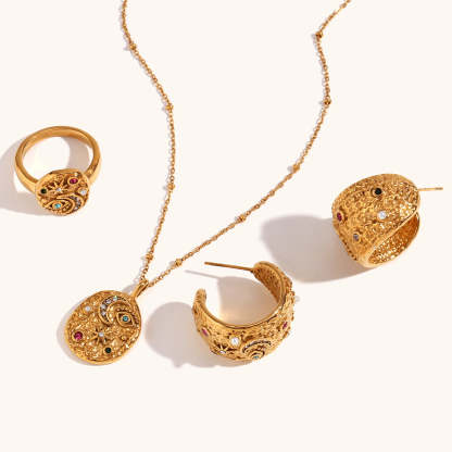 Colored Diamond Eyes Star and Moon Necklace Earrings Ring Vintage Jewelry [Hot Seller]-Mix MIx Style