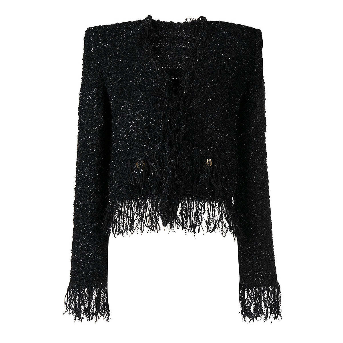2024 Spring and Autumn New Black Shiny Silk Tweed Tassel Edge Pocket Button Decorated Cardigan Women's Jacket Tops-Mix MIx Style