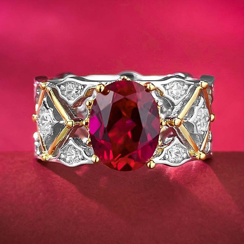 Retro Deep Red Oval Cut Moissanite Diamond 3ct 18k White Gold Plated Engagement Ring | Mix Mix Style-Mix MIx Style
