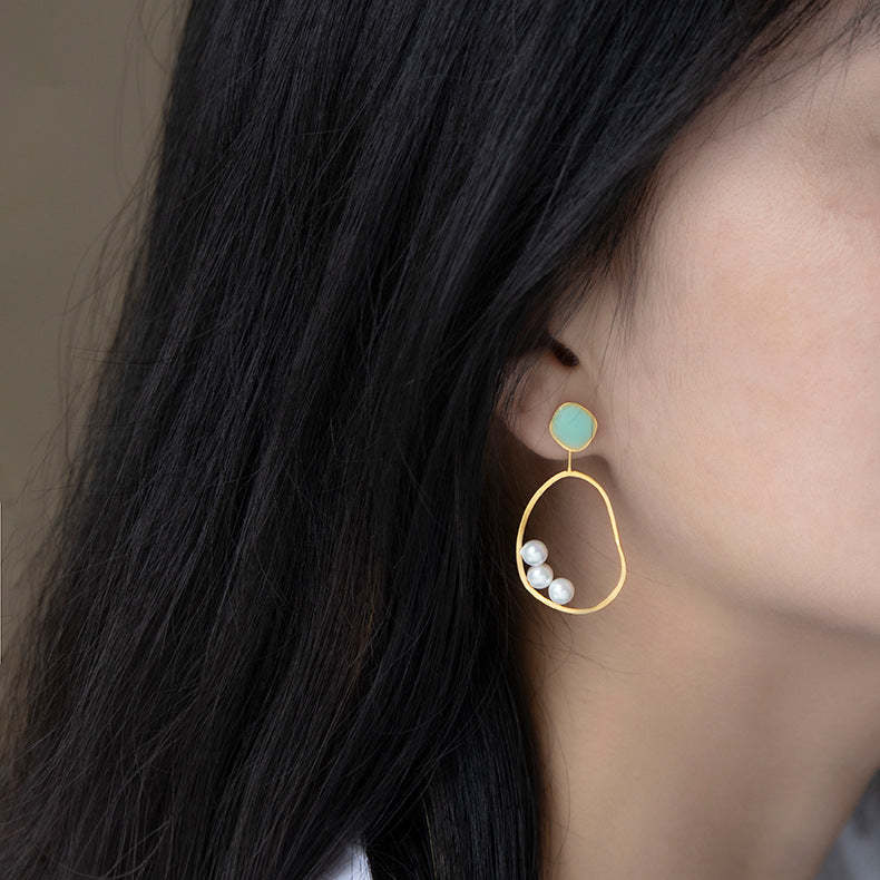 Irregular Green - Blue Minimalist Akoya Pearls Moissanite Diamonds 18k White/Vermeil Gold Plated Drop Earrings | Mix Mix Style-Mix MIx Style