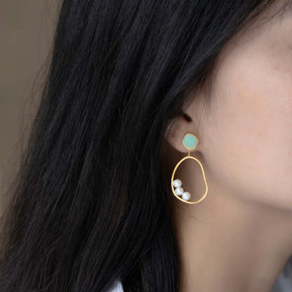 Irregular Green - Blue Minimalist Akoya Pearls Moissanite Diamonds 18k White/Vermeil Gold Plated Drop Earrings | Mix Mix Style-Mix MIx Style