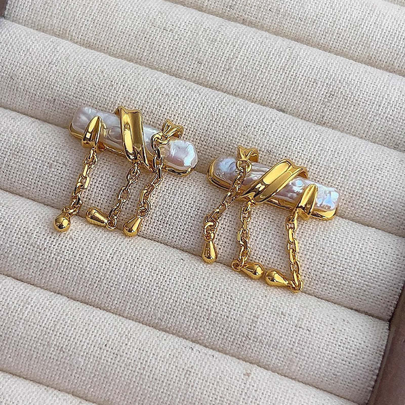 Natural Baroque pearl earrings for women, high-end French fashion bamboo earrings, temperament retro tassel earrings-Mix MIx Style