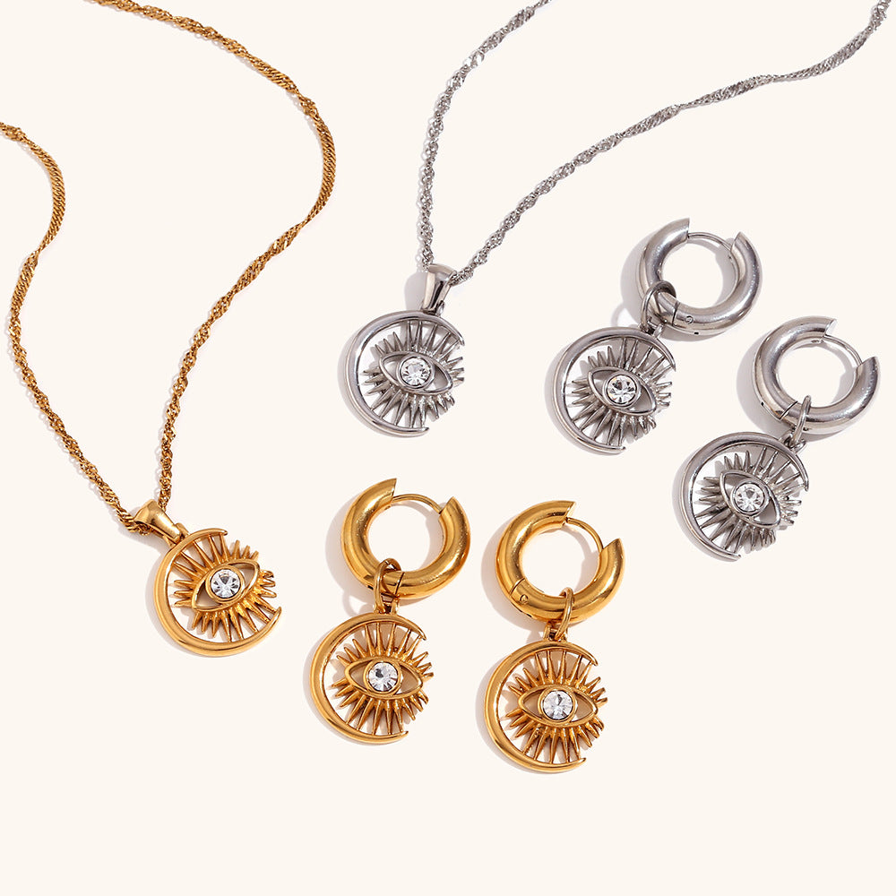 Circle Retro Devils Eyes White Diamond Vintage Elegant 18k Vermeil/White Gold Plated Necklace & Earrings Jewelry Set | Mix Mix Style-Mix MIx Style