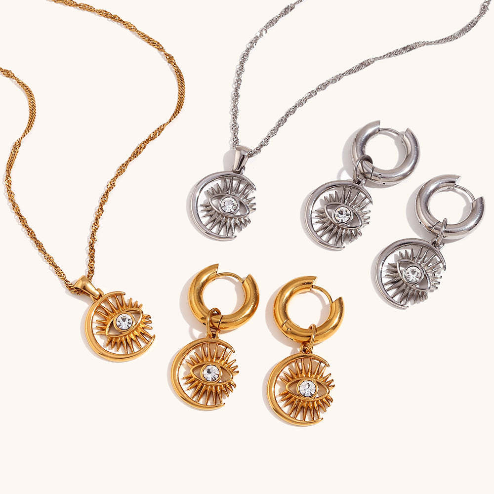Circle Retro Devils Eyes White Diamond Vintage Elegant 18k Vermeil/White Gold Plated Necklace & Earrings Jewelry Set | Mix Mix Style-Mix MIx Style