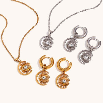Circle Retro Devils Eyes White Diamond Vintage Elegant 18k Vermeil/White Gold Plated Necklace & Earrings Jewelry Set | Mix Mix Style-Mix MIx Style