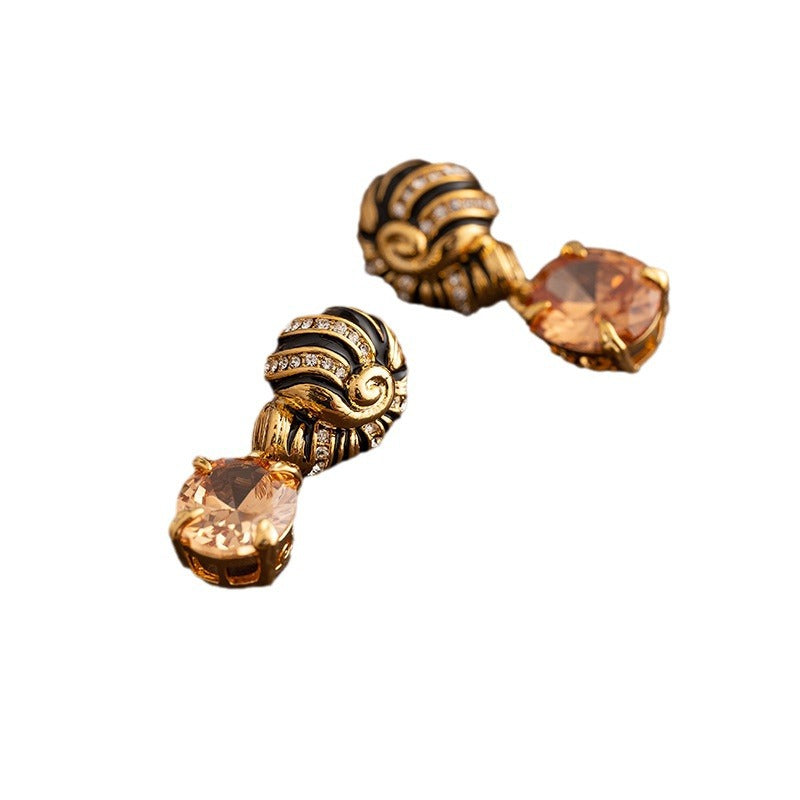 Retro earrings for women, middle-aged vintage oil dripping palace style zircon pendant earrings spiral temperament French earrings-Mix MIx Style