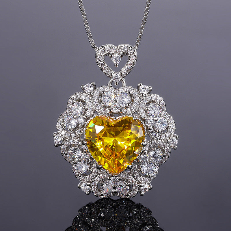 Red/Pink/Yellow Retro Pendant Heart Cut Diamond Luxury 18k White Gold Plated Necklace Earrings Jewelry Set | Mix Mix Style-Mix MIx Style