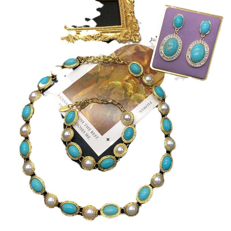 Blue Aquamarine Gemstones Vintage White Akoya Pearls Luxury 18k Vermeil Gold Plated Necklace Earring Bracelet Jewelry Set | Mix Mix Style-Mix MIx Style