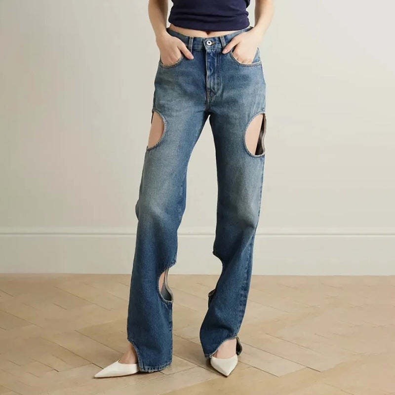 Blue casual cutout washed high waist hollow design jeans straight pant
