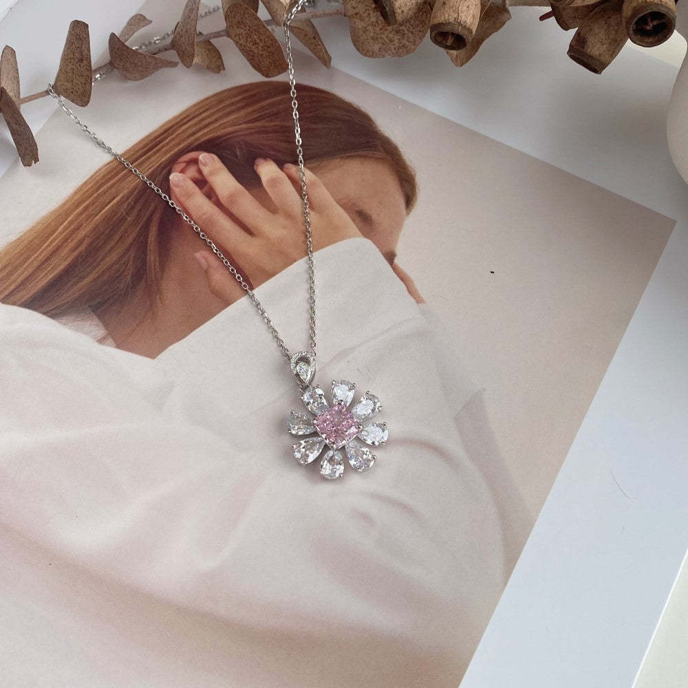 Live s925 sterling silver high carbon diamond necklace female ice flower cut pink heart-shaped pendant green diamond high-grade clavicle chain-Mix MIx Style