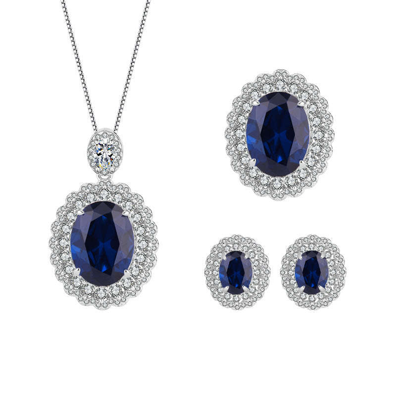 S925 silver European and American fashion set Douyin hot sale simulated sapphire blue dan-shaped pendant ring 16*12 earrings 6*8-Mix MIx Style