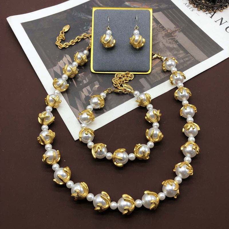 Vintage White Akoya Pearls Elegant 18k Gold Plated Necklace Earring Bracelet Jewelry Set | Mix Mix Style-Mix MIx Style