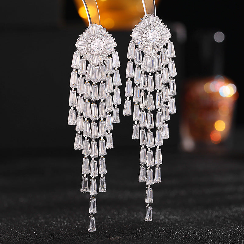 French elegant temperament exaggerated earrings wholesale women's super flash zircon inlaid light luxury high-end long tassel earrings-Mix MIx Style