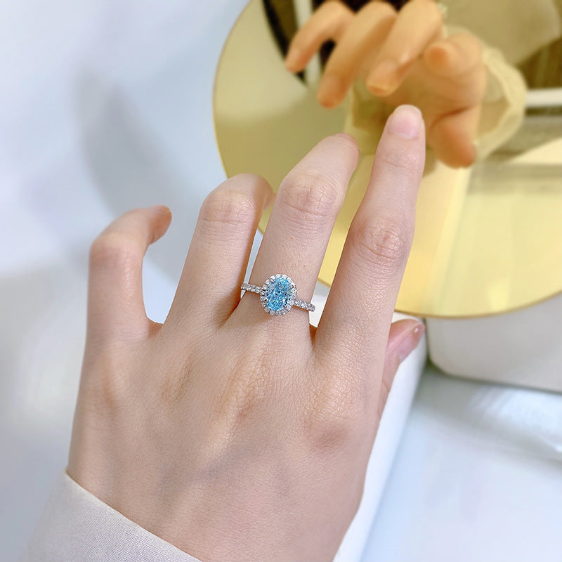 Glam Ocean Blue Oval Cut Moissanite Diamond 3ct 18k White Gold Engagement Ring | Mix Mix Style-Mix MIx Style