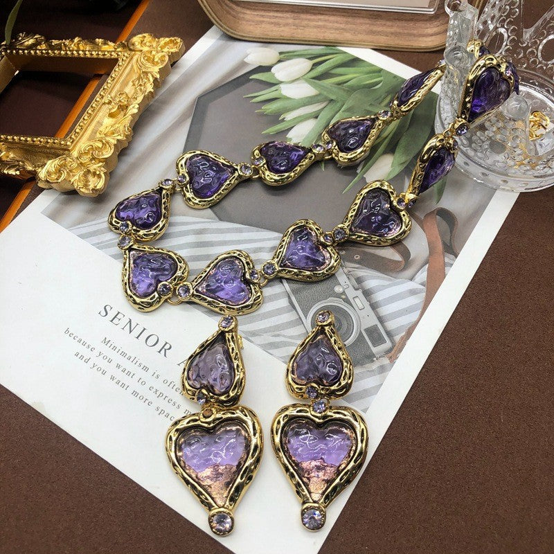 Heart Purple Irregular Retro Classic Luxury 18k Vermeil Gold Plated Necklace Earrings Jewelry Set | Mix Mix Style-Mix MIx Style