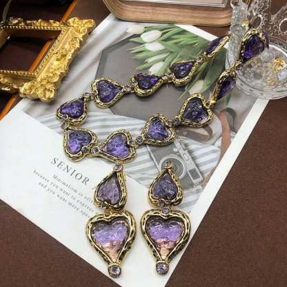 Heart Purple Irregular Retro Classic Luxury 18k Vermeil Gold Plated Necklace Earrings Jewelry Set | Mix Mix Style-Mix MIx Style