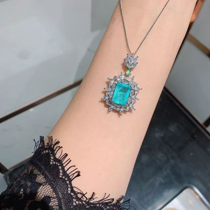 Green Aquamarine Retro Pendant Emerald Cut Diamond Luxury 18k White Gold Plated Necklace Earring Ring Jewelry Set | Mix Mix Style-Mix MIx Style