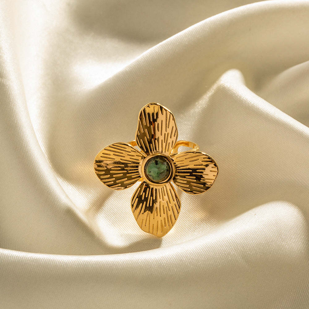 French court style dull four-petal exaggerated inlaid African turquoise open ring high-end design ring-Mix MIx Style