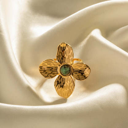 French court style dull four-petal exaggerated inlaid African turquoise open ring high-end design ring-Mix MIx Style