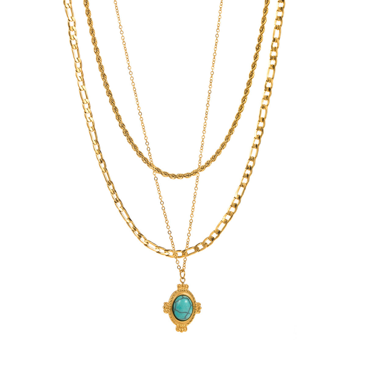 Turquoise Green Vintage Multilayer Chain Pendant RoundCut Gemstone Luxury 18k Veremeil Gold Plated Necklace Jewelry | Mix Mix Style-Mix MIx Style