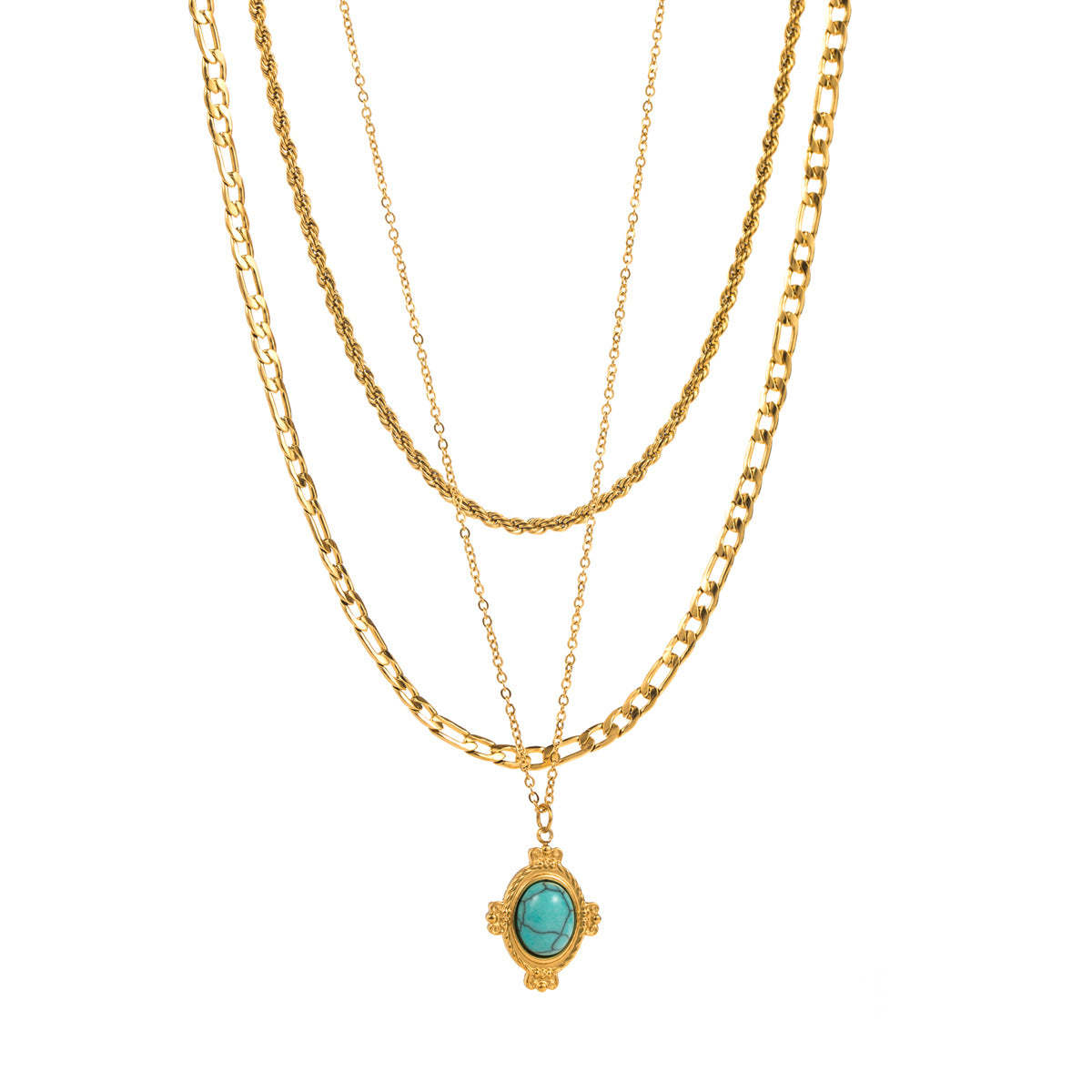 Turquoise Green Vintage Multilayer Chain Pendant RoundCut Gemstone Luxury 18k Veremeil Gold Plated Necklace Jewelry | Mix Mix Style-Mix MIx Style
