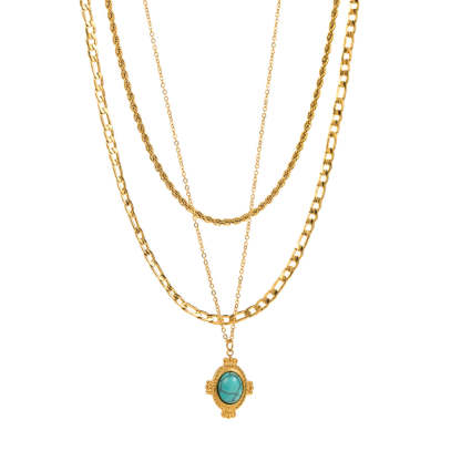Turquoise Green Vintage Multilayer Chain Pendant RoundCut Gemstone Luxury 18k Veremeil Gold Plated Necklace Jewelry | Mix Mix Style-Mix MIx Style