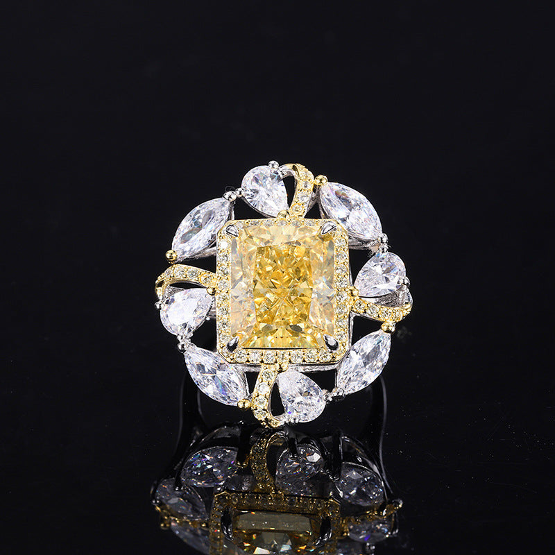 Yellow Vintage Retro Pendant Emerald Cut Diamond 5ct Luxury 18k Gold Plated Necklace & Ring Jewelry Set | Mix Mix Style-Mix MIx Style