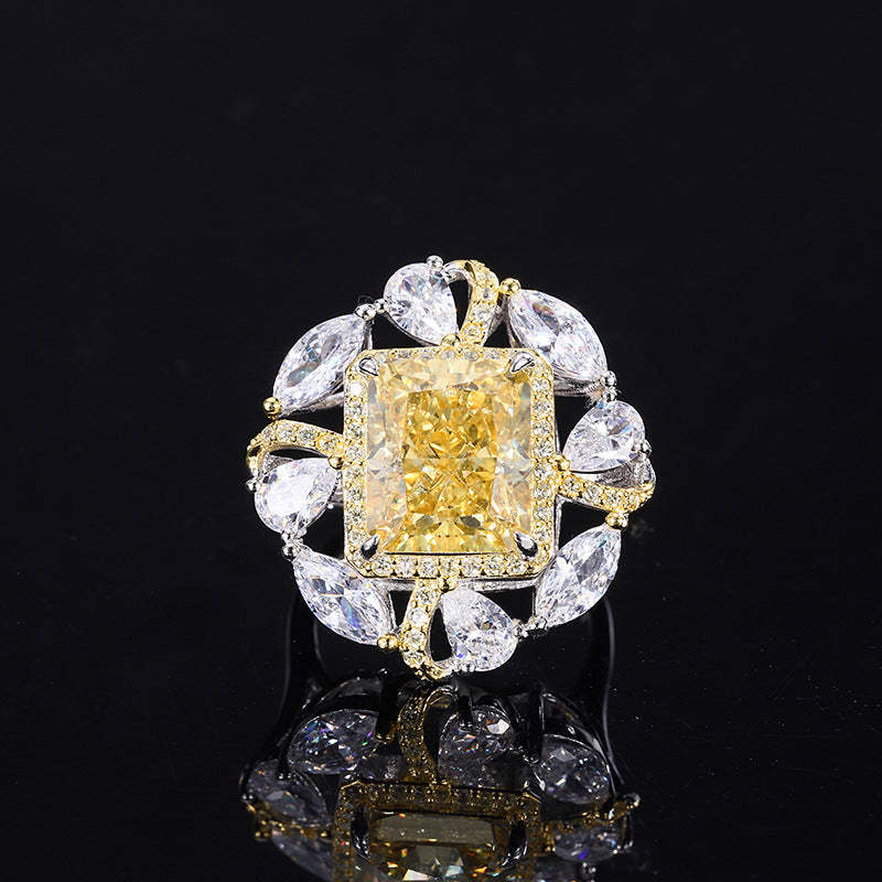 Yellow Vintage Retro Pendant Emerald Cut Diamond 5ct Luxury 18k Gold Plated Necklace & Ring Jewelry Set | Mix Mix Style-Mix MIx Style