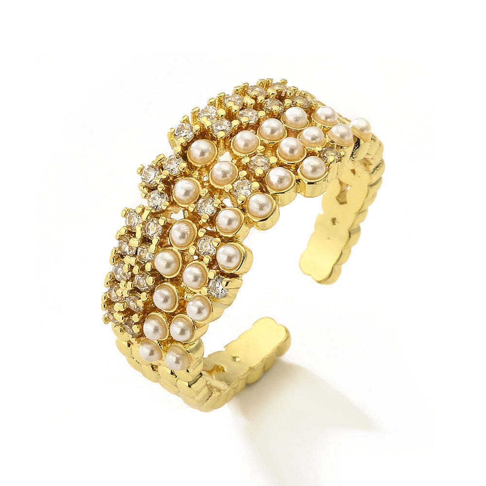 Australian ancient cross-border copper-plated real gold zircon pearl geometric open ring women's INS niche light luxury high-end ring new-Mix MIx Style