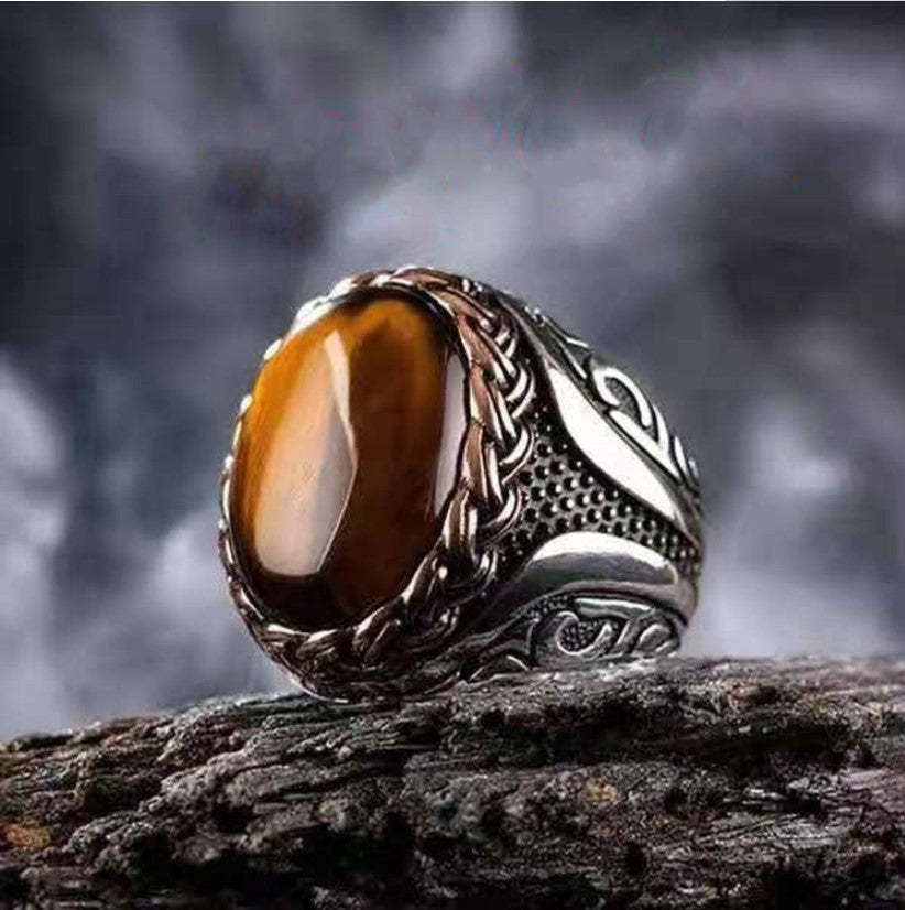 Antique Chunky Brown Oval Shaped Gemstone 18k White Gold Plated Retro 