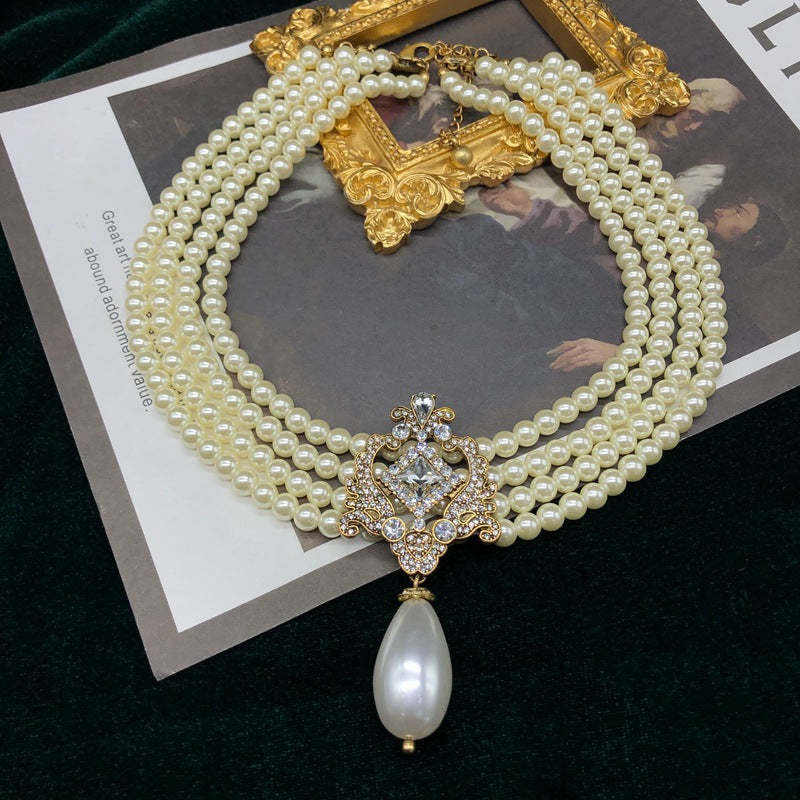 White Vintage Retro Multirow Akoya Pearls Diamonds Luxury 18k Gold Plated Necklace Earrings Jewelry Set | Mix Mix Style-Mix MIx Style