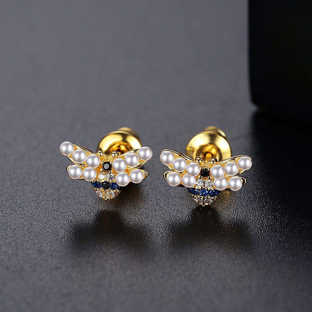 Bee Shaped Akoya Pearls & Moissanite Diamonds  18k Vermeil Gold Plated Vintage Stud Earrings | Mix Mix Style-Mix MIx Style