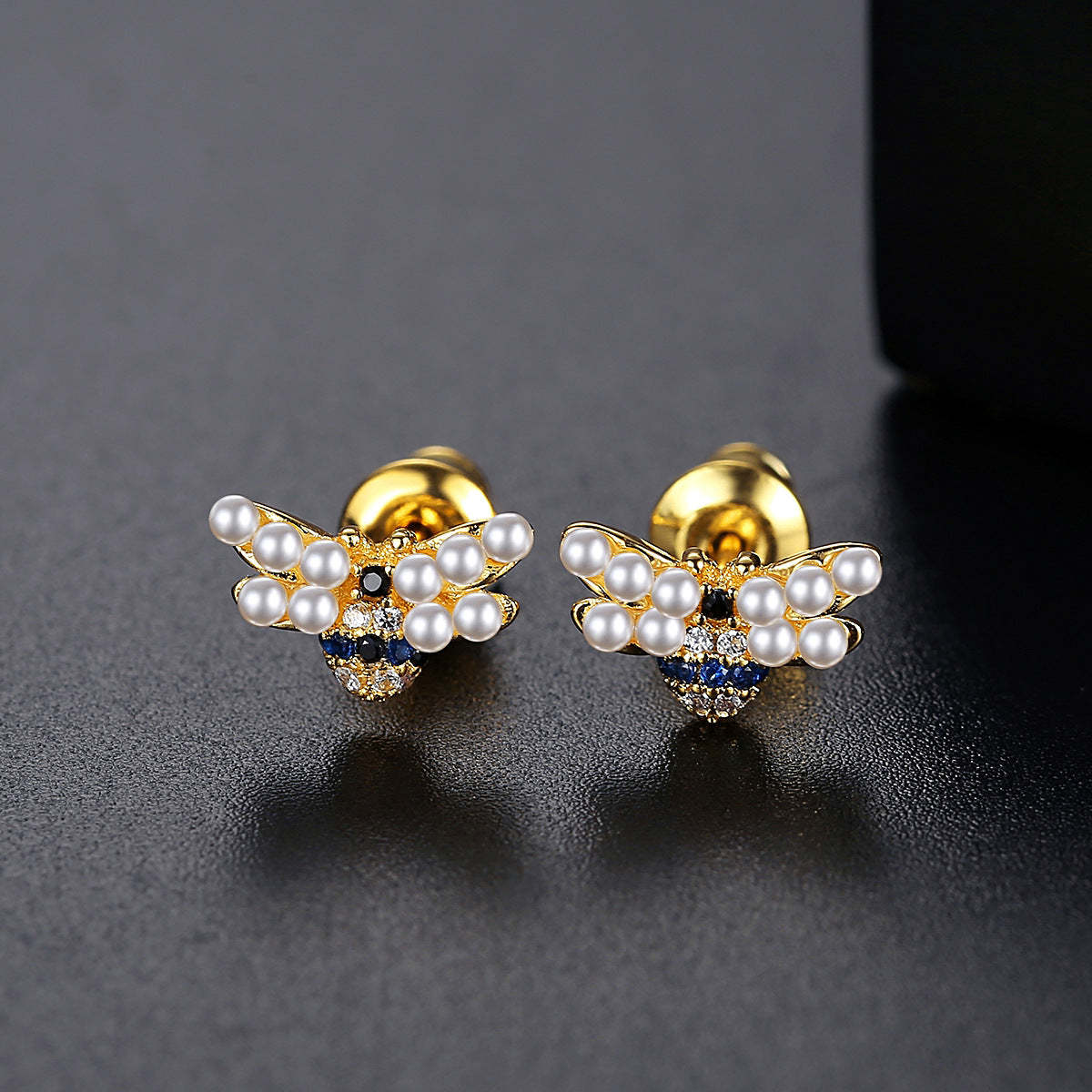 Bee Shaped Akoya Pearls & Moissanite Diamonds  18k Vermeil Gold Plated Vintage Stud Earrings | Mix Mix Style-Mix MIx Style