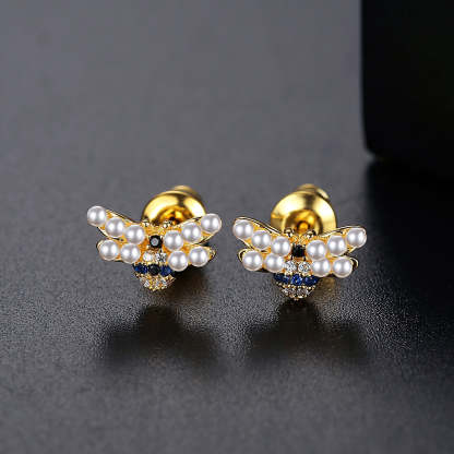 Bee Shaped Akoya Pearls & Moissanite Diamonds  18k Vermeil Gold Plated Vintage Stud Earrings | Mix Mix Style-Mix MIx Style