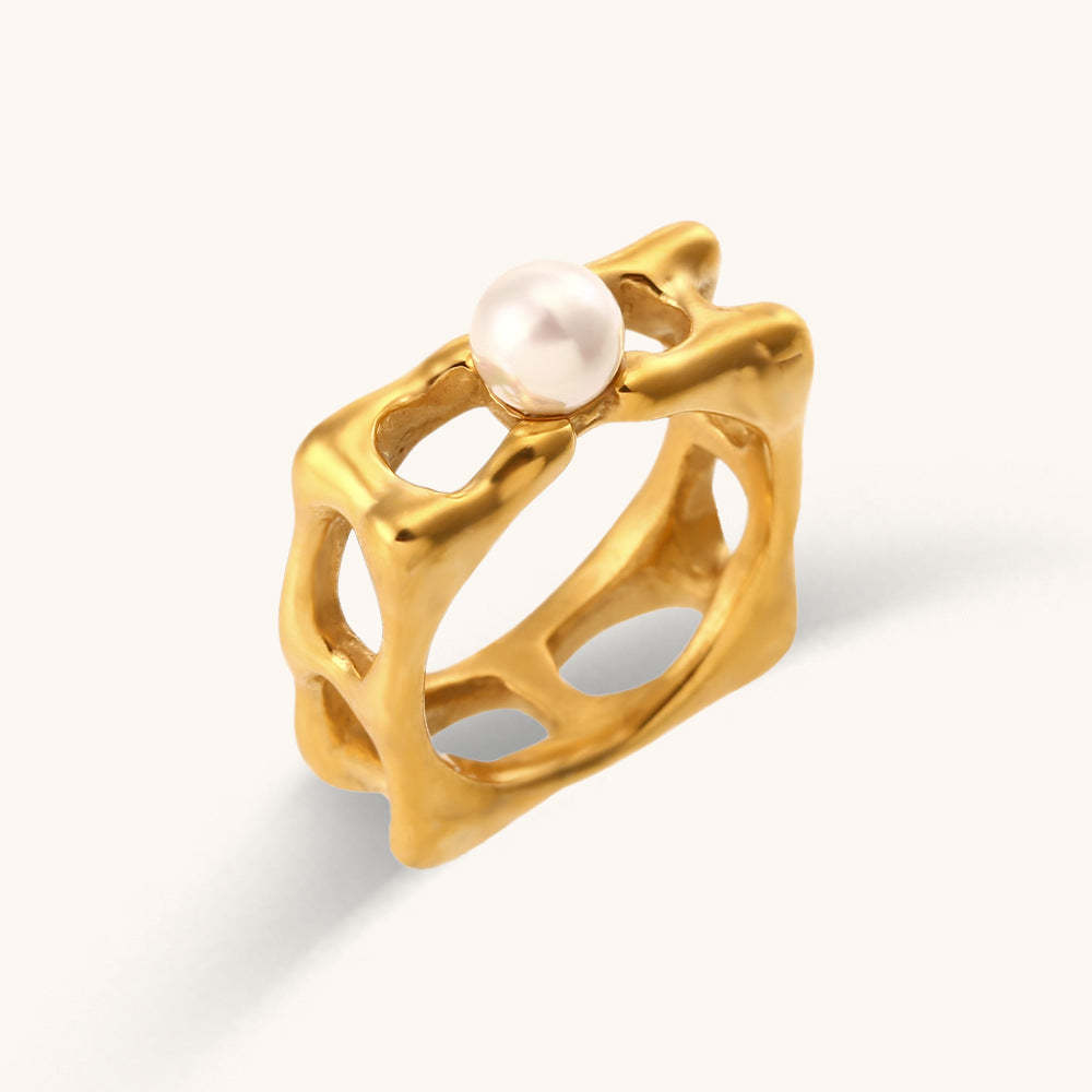 Geometric Vintage Solid White Centre Akoya Pearl Elegant 18k Vermeil Gold Plated Ring Jewelry | Mix Mix Style-Mix MIx Style