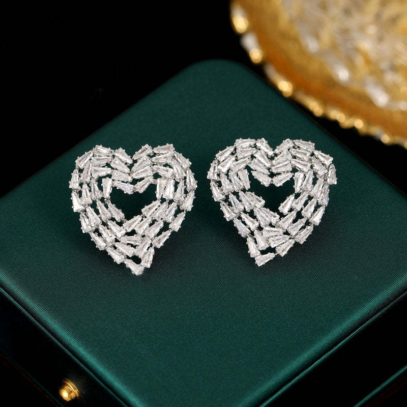 Korean style new earrings trendy niche design silver needle earrings trapezoidal zircon inlaid hollow love-shaped earrings-Mix MIx Style