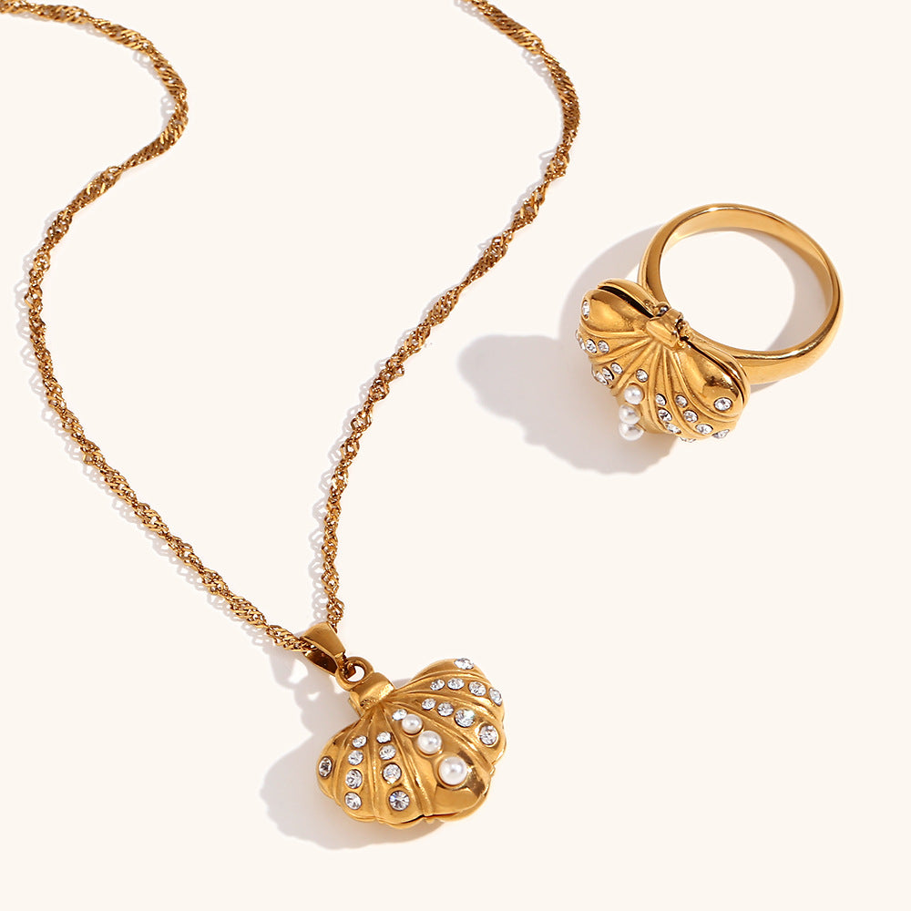 Seashell White Diamonate Vintage Classic Pendant Luxury 18k Gold Plated Necklace & Ring Jewelry Set | Mix Mix Style-Mix MIx Style