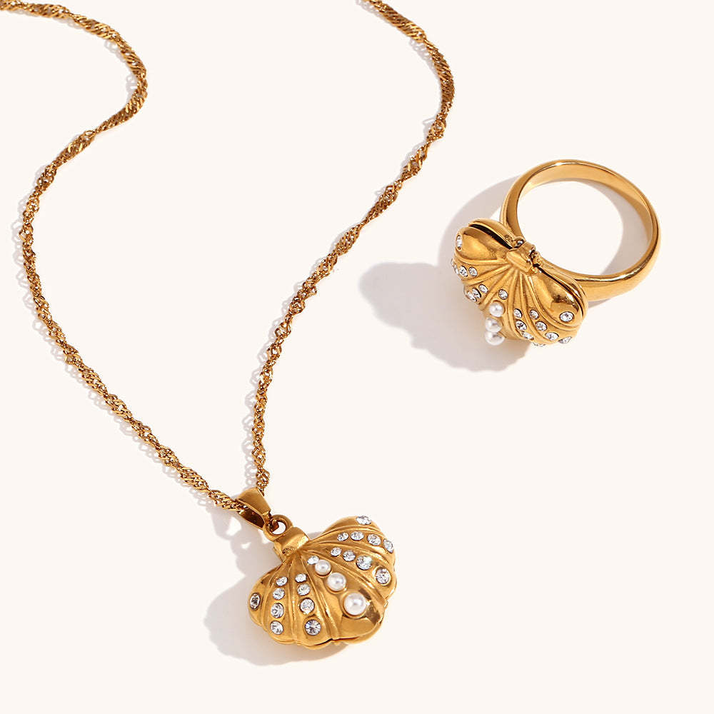 Seashell White Diamonate Vintage Classic Pendant Luxury 18k Gold Plated Necklace & Ring Jewelry Set | Mix Mix Style-Mix MIx Style