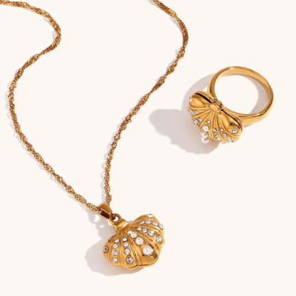 Seashell White Diamonate Vintage Classic Pendant Luxury 18k Gold Plated Necklace & Ring Jewelry Set | Mix Mix Style-Mix MIx Style
