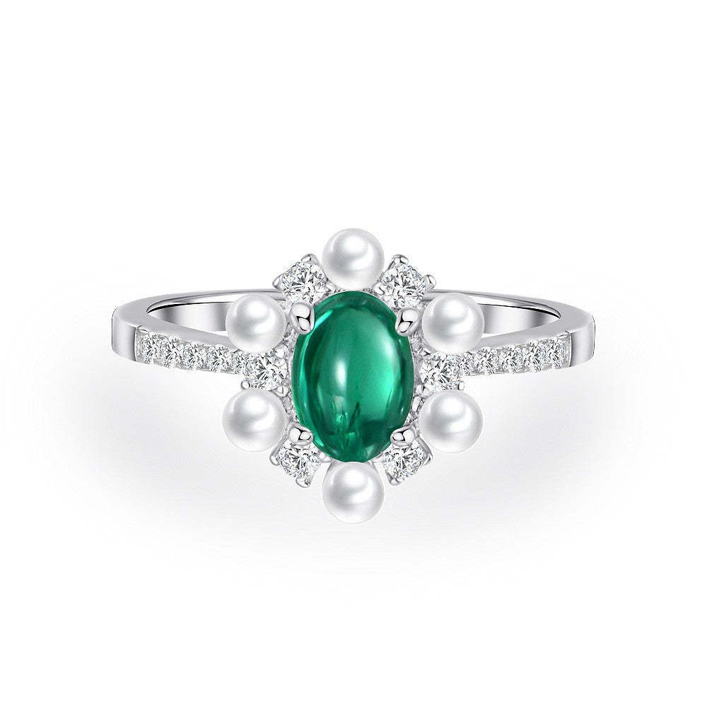 Green Timeless Classic Oval Cut Lab Drown Diamond 1ct & Akoya Pearls 18k White Gold Plated Elegant Engagement Ring | Mix Mix Style-Mix MIx Style