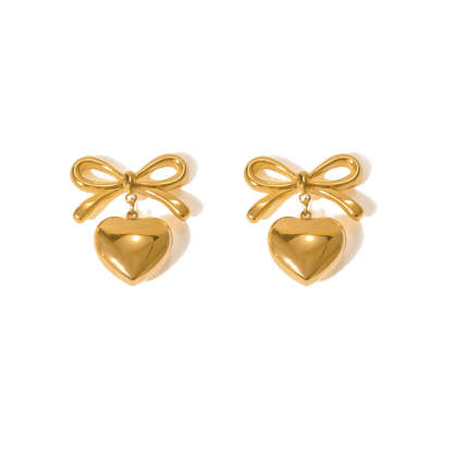 Bow & Heart Glossy Shaped Trendy Elegant 18k Vermeil/White Gold Plated Drop Earrings | Mix Mix Style-Mix MIx Style