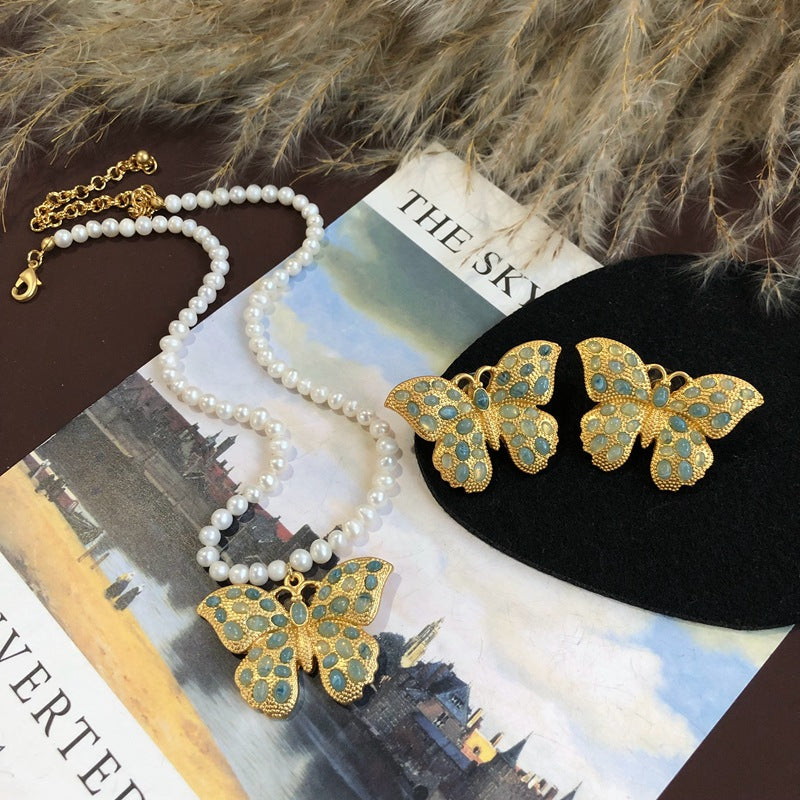 Butterfly Blue Gemstone Retro Classic Pendant Akoya Pearls Luxury 18k Gold Plated Necklace Earrings Jewelry Set | Mix Mix Style-Mix MIx Style