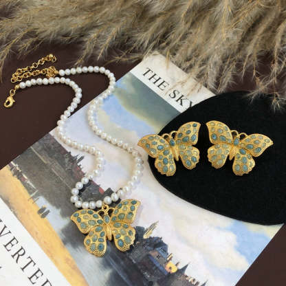 Butterfly Blue Gemstone Retro Classic Pendant Akoya Pearls Luxury 18k Gold Plated Necklace Earrings Jewelry Set | Mix Mix Style-Mix MIx Style