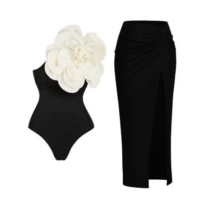 Statement Bodysuit & Swimsuit With Oversized Flower - Black | Mix Mix Style [Hot Seller]-Mix MIx Style