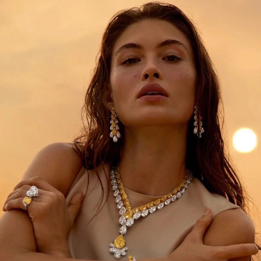 White & Yellow Vintage Pendant Pear Diamonds Luxurious 18k Gold Plated Necklace & Earrings Jewelry Set | Mix Mix Style-Mix MIx Style