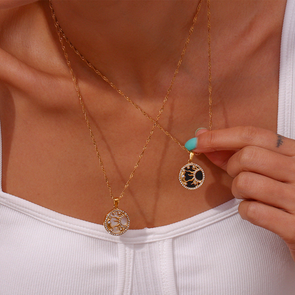 Circle Moon & Sun Retro Classic Pendant White Diamonds Luxury 18k Vermeil Gold Plated Necklace Jewelry | Mix Mix Style-Mix MIx Style